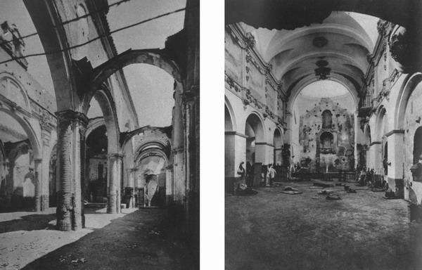 052.jpg - Tras incendios provocados, así quedaron las iglesia de La Concepción en Huelva (izq.) y el Convento de San Francisco en Vélez-Málaga (derecha).